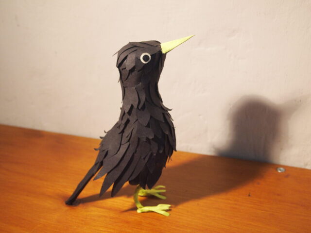 Life-size wire & paper blackbird, made as a gift Small paper blackbird